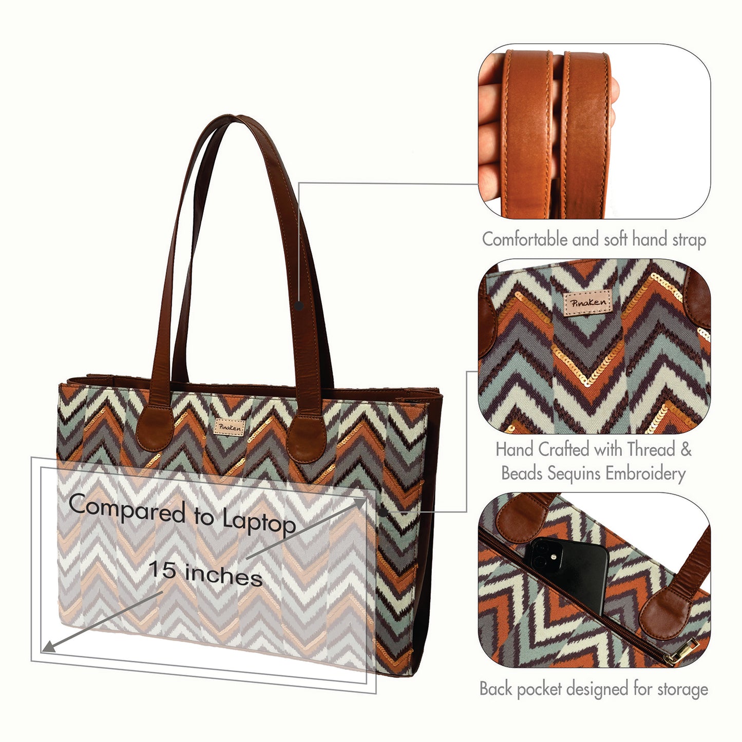 Urban Zigzag Office Tote Bag With Embroidery