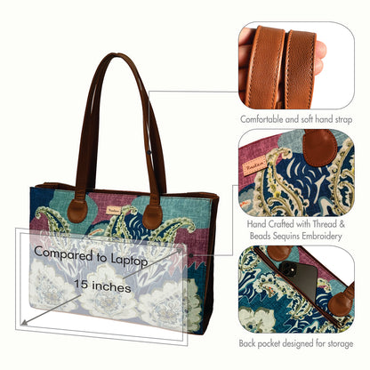 Elegant Paisley Office Tote Bag With Embroidery