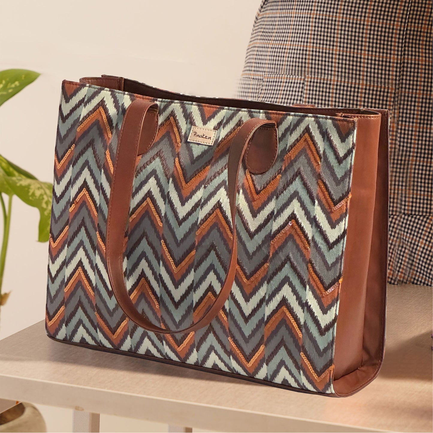 Urban Zigzag Office Tote Bag With Embroidery